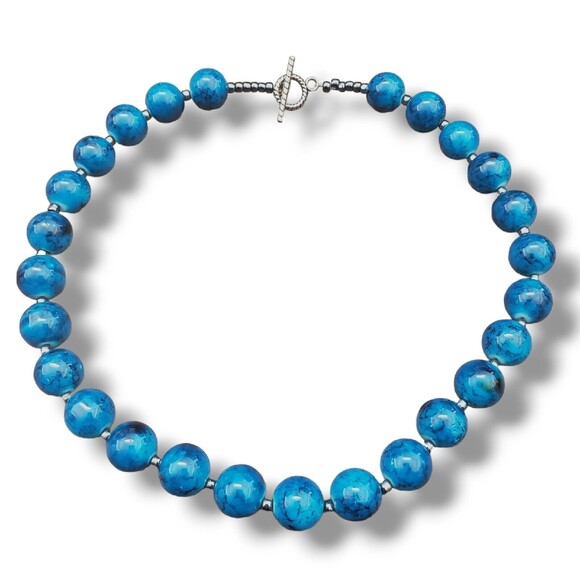 Vintage Blue Glass Bead Alternating Hematite Toggle Close Collar Necklace 19" - Picture 1 of 6